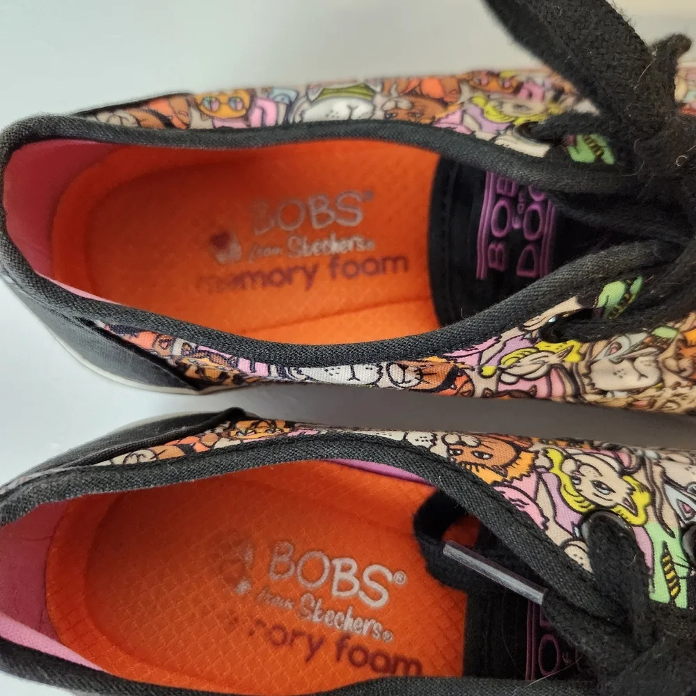 Bobs From Skechers Cat Print Canvas Lace Up Sneakers